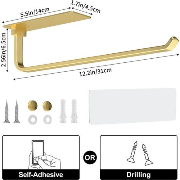 Gold Paper Towel Holder Under Cabinet Adhesive Drill Mount Kitchen Rack - Picture 5 of 7